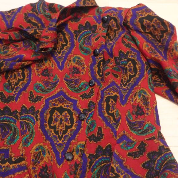 Richard Warren Women 14 Jacket Top Wool Neck Tie Shoulder Pad Paisley Red VTG - Picture 4 of 9